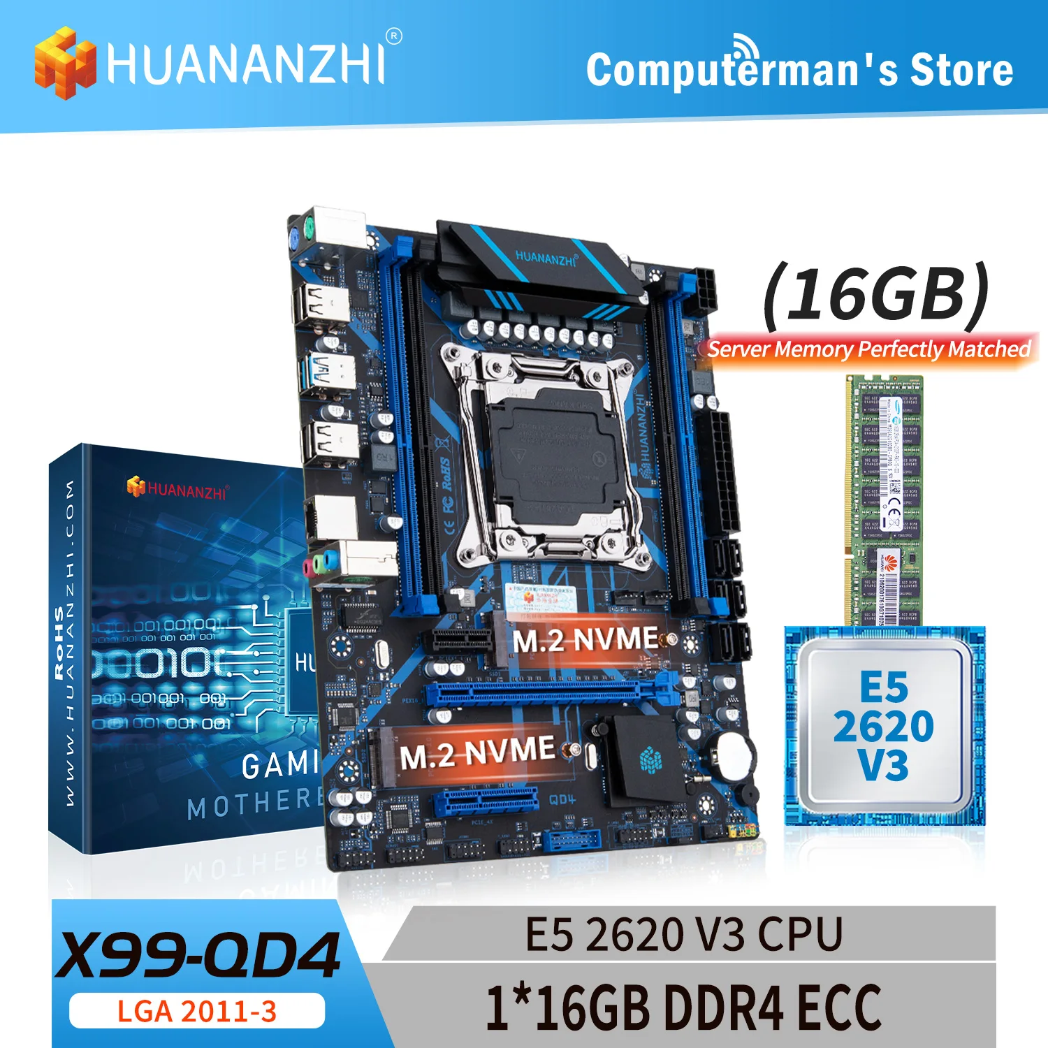 Материнская плата HUANANZHI X99 QD4 LGA 2011-3 XEON X99 с процессором Intel E5 2620 v3 с комбинированным комплектом DDR4 RECC 1*16G M.2 NVME SATA