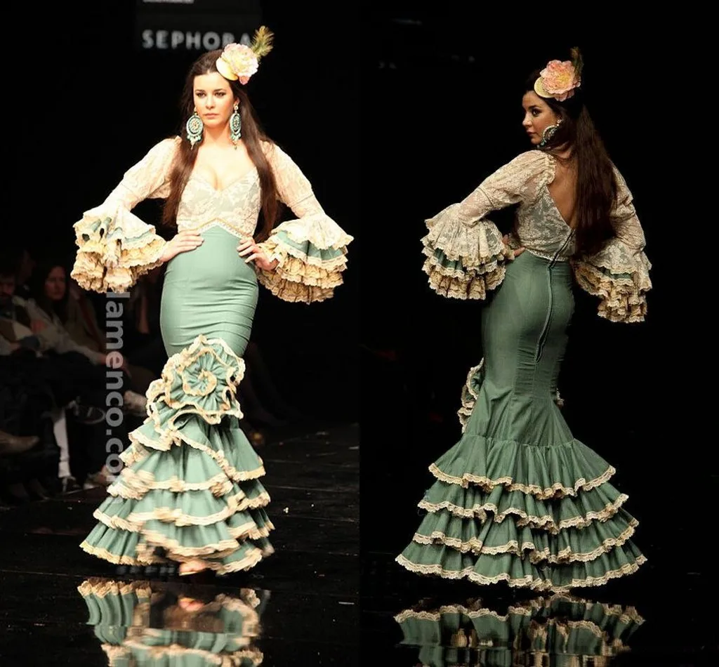 Платья для выпускного вечера Moda Flamenca цвета Шампанского зеленого, Сказочная юбка с кружевными оборками и пятнами на рукавах, вечернее платье в стиле Русалки в Испании