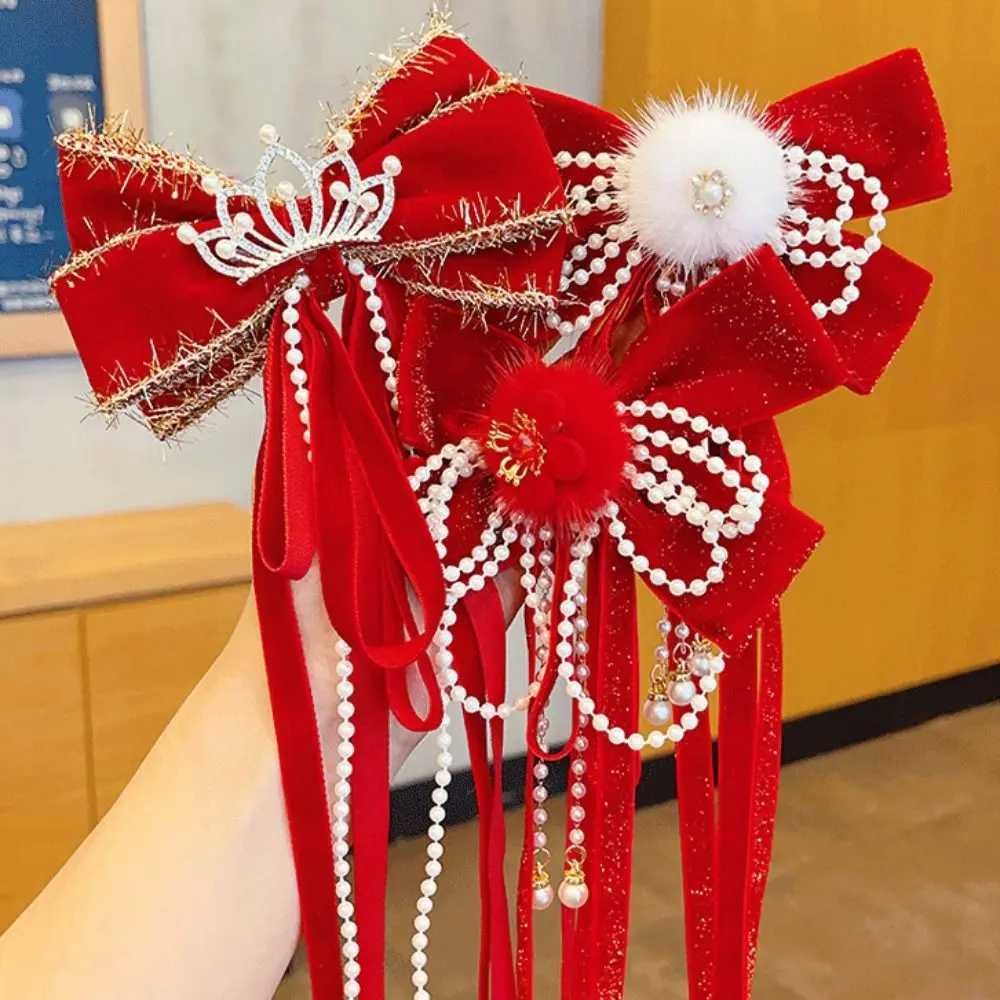Детская красная заколка с лентой, прекрасная кисточка, жемчужная заколка Ханфу, цветок, древние головные уборы, китайские новогодние головные уборы.