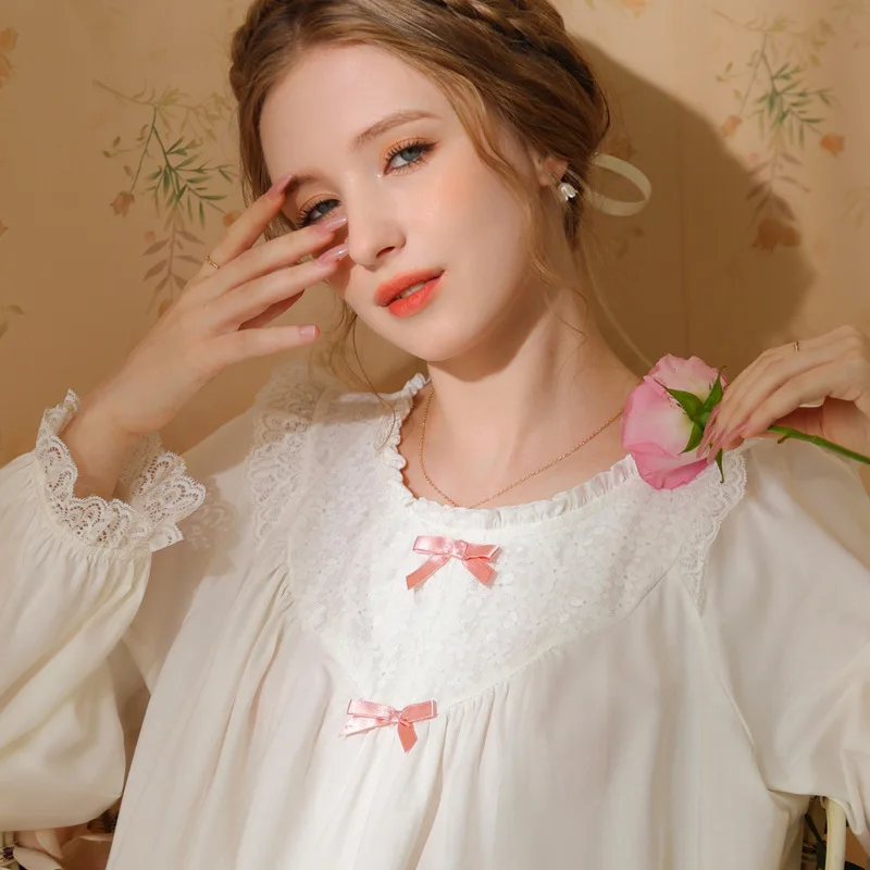 Милое Хлопчатобумажное ночное платье Осенняя Женская Викторианская ночная рубашка с длинным рукавом Винтажная Бело-Розовая ночная рубашка Сексуальное Длинное платье Пижамы