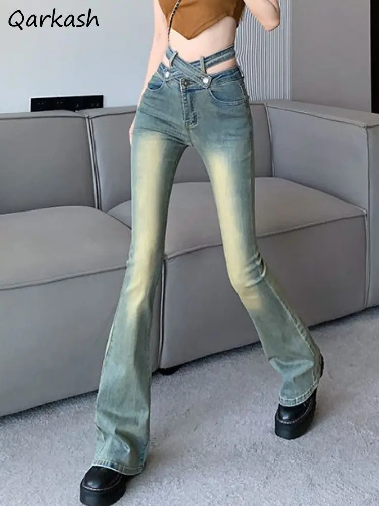 Расклешенные джинсы, женская повязка, винтажный дизайн, весна, высокая талия, универсальные, тонкие, модный американский стиль, повседневный шик в полный рост.
