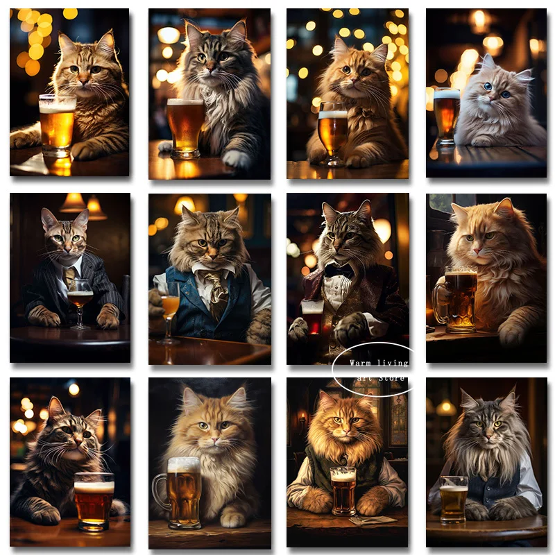 Толстый кот, пьющий пиво, Забавные художественные полотна, плакаты с костюмами кошек и принты, рисунки животных на стене, художественные картины, декор комнаты