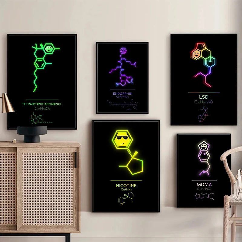 Неоновая диаграмма молекулярной структуры дофамина Холст, плакат, настенное искусство, химическая формула, плакат, украшение дома в гостиной, спальне