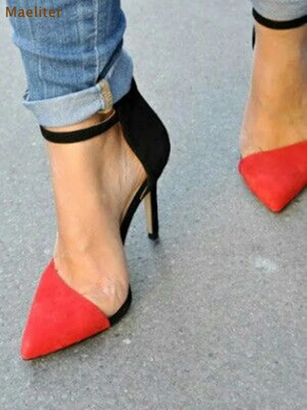 Женские красно-черные кожаные туфли контрастного цвета с острым носком на высоком каблуке, высококачественные свадебные туфли на шпильке в стиле пэчворк.
