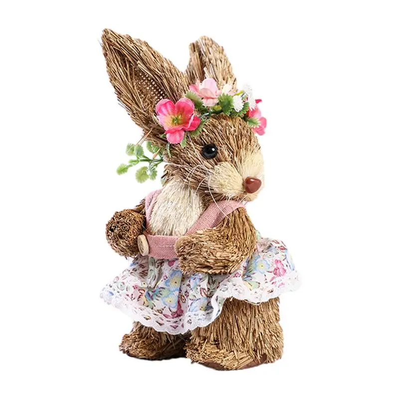 Пасхальные фигурки соломенного кролика, настольное украшение, поделки с животными, Соломенный кролик, держащий морковь, Весенняя вечеринка, украшение сада