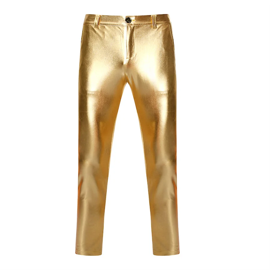 Мужские брюки с золотым покрытием цвета металлик 2024, модные мотоциклетные брюки, стрейчевые танцевальные брюки с прямыми штанинами, сценический костюм для ночного клуба