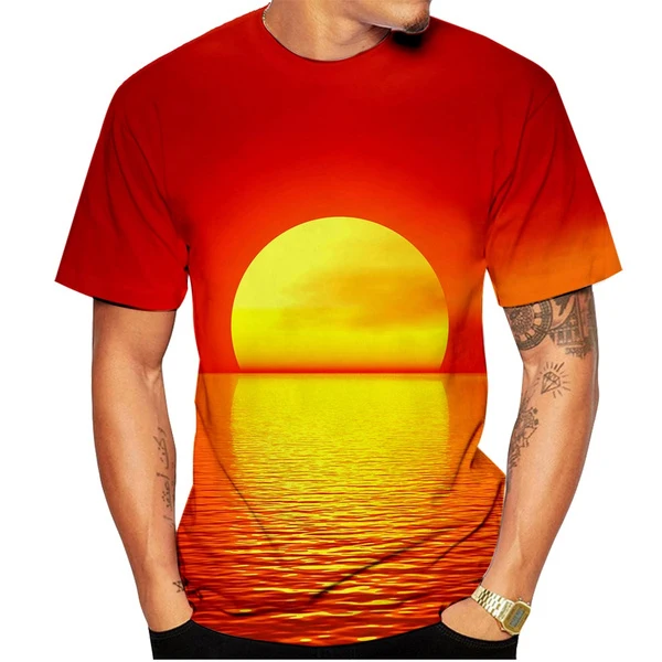 Новинка 2023 года, горячая распродажа, мужская повседневная футболка с 3D-принтом, топы с короткими рукавами на рассвете и закате