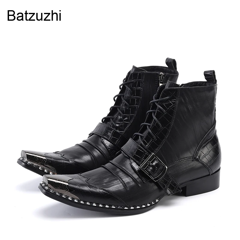 Batzuzhi/ Новое поступление; Модные Мужские ботинки С острым металлическим носком; Черные ботильоны из натуральной кожи; Мужские Zapatos Hombre на шнуровке, 38-46