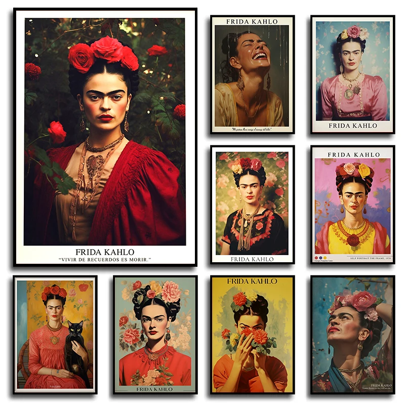 F-Fridas-art-K-Kahlos Женщина Цветы Портрет Плакат и Принты Холст Картина Стена Мексиканское Искусство Картина для Кафе Домашний Декор