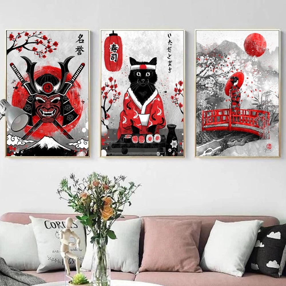 Японская Гейша и кот-суши Живопись на холсте Художественные плакаты и принты Настенные росписи с изображением самураев Декор стен в гостиной дома