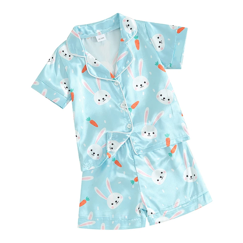 Комплекты Пасхальных пижам для мальчиков, рубашка с короткими рукавами и пуговицами с принтом милого Кролика и эластичные шорты, Одежда для отдыха, пижамы