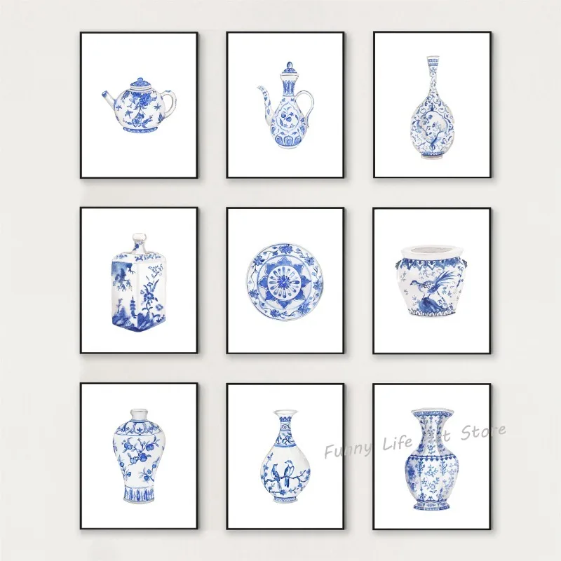 Акварельные китайские бело-голубые фарфоровые вазы, плакаты, принты, настенная живопись на холсте для декора гостиной и кухни