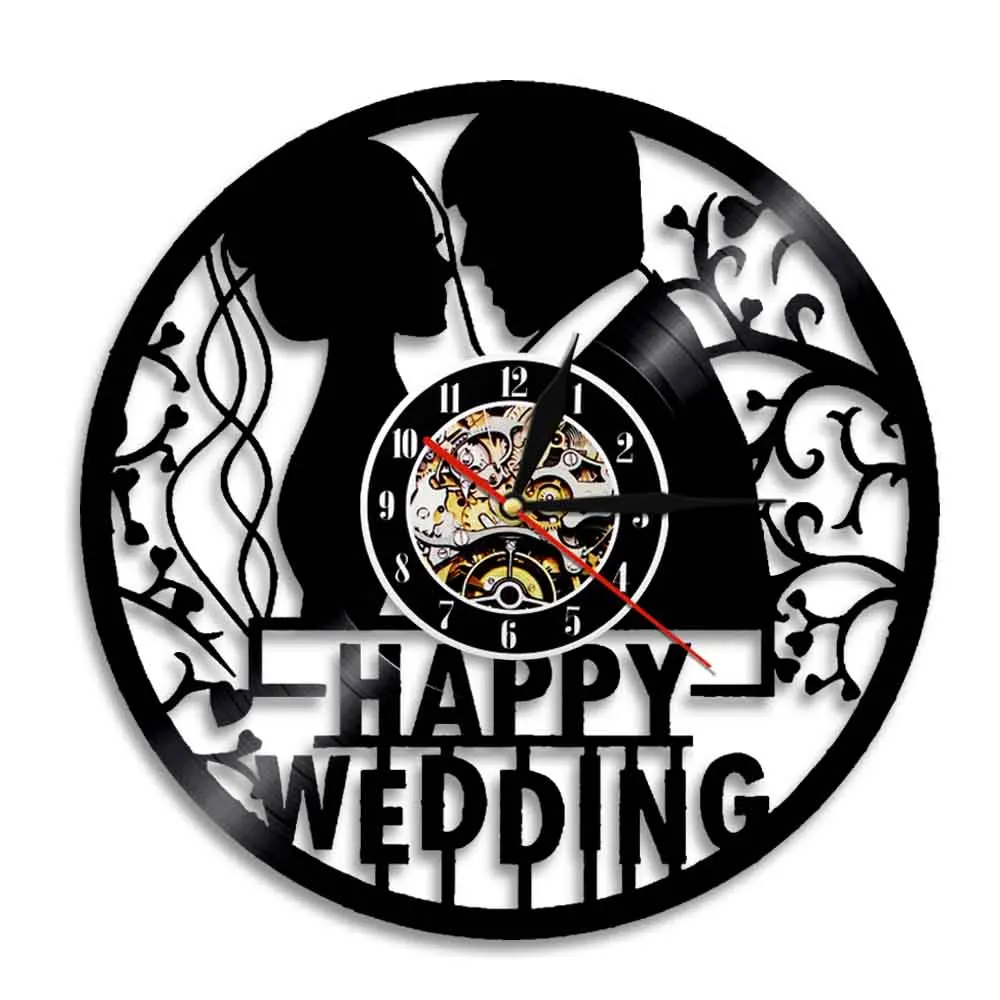 Счастливая свадьба Настенные часы Пара Выходит замуж Декоративные Часы Из виниловой пластинки Настенные часы Ручной работы Свадебные подарки