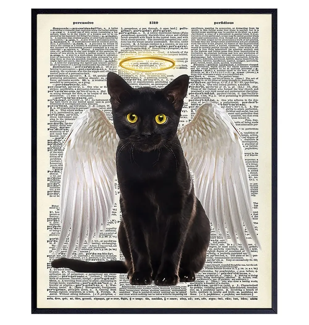 Декор стен с черным котом - Принт в виде ангела - 8x10 Словарное украшение стен - Плакат домашнего декора с изображением кота на стене - Подарок для