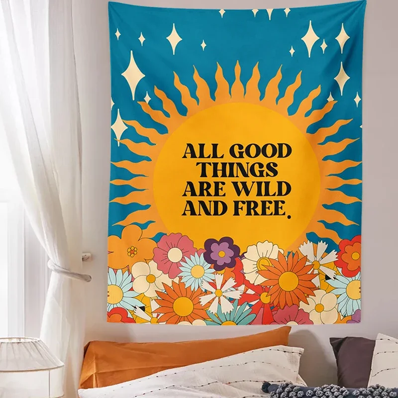 Ретро Солнечный Гобелен, висящий на стене 80-х 70-х Эстетическая настенная ткань Винтажные цветы Декор в стиле Хиппи Гостиная Спальня Богемный принт