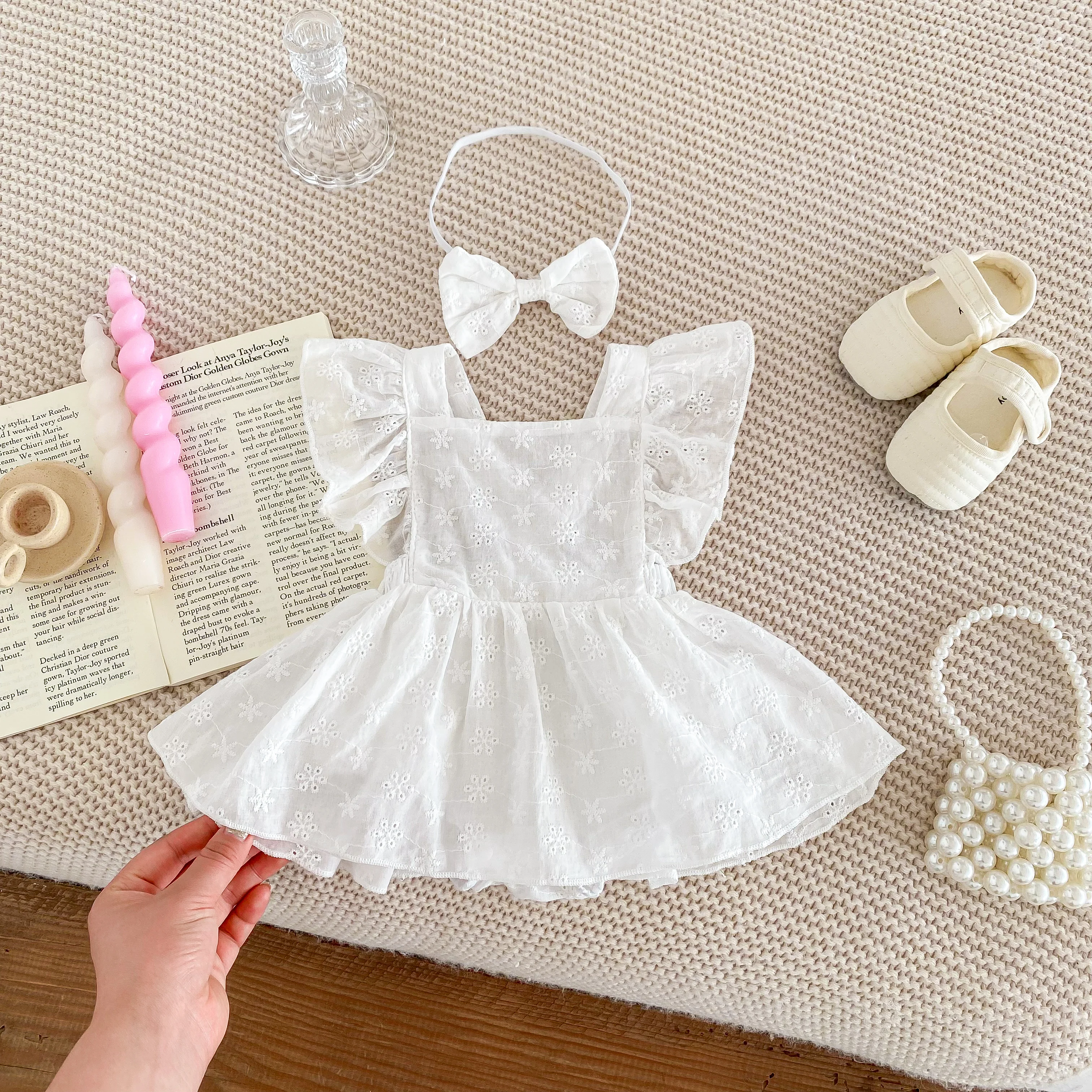 Комбинезон принцессы для новорожденной девочки, милое платье с кружевными рукавами, комплект комбинезонов + заколка с бантом для девочки, 2 шт.