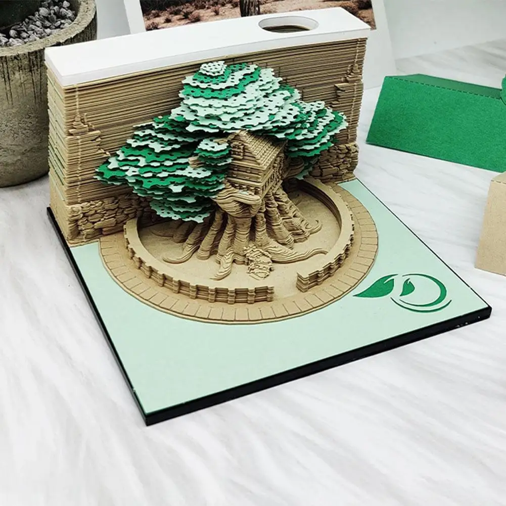 1 шт. Зеленый домик на дереве, вырезанный из бумаги в трехмерном виде, школьный календарь, 3D блокноты для заметок, светодиодные индикаторы времени S2Y5