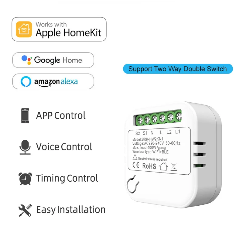 Умный дом, умный переключатель Wi-Fi для Homekit Cozylife, релейный выключатель 1/2 группы, 2-полосный нейтральный провод управления, необходимый для Alexa Google
