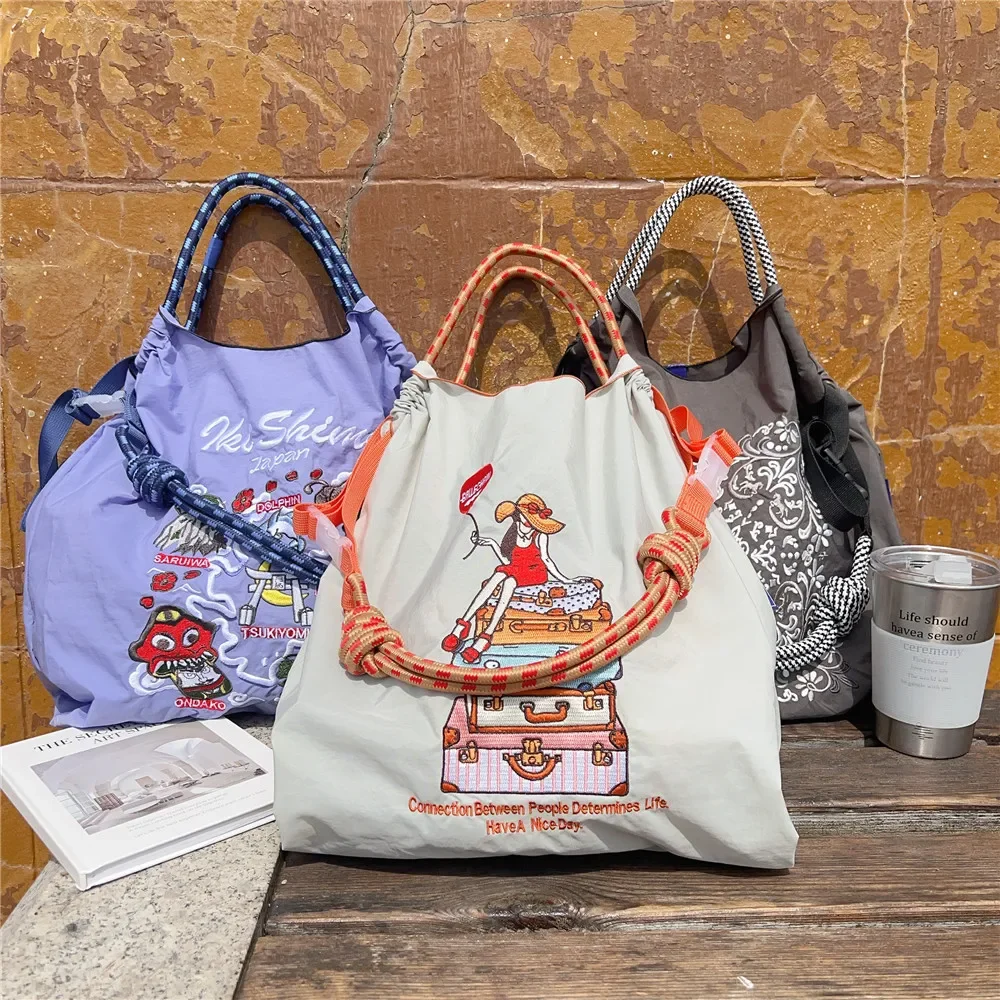 Женская сумка через плечо с объемной вышивкой, дизайнерские эко-сумки для женщин, сумки с веревочной ручкой, сумка на шнурке, Многоразовая сумка для покупок