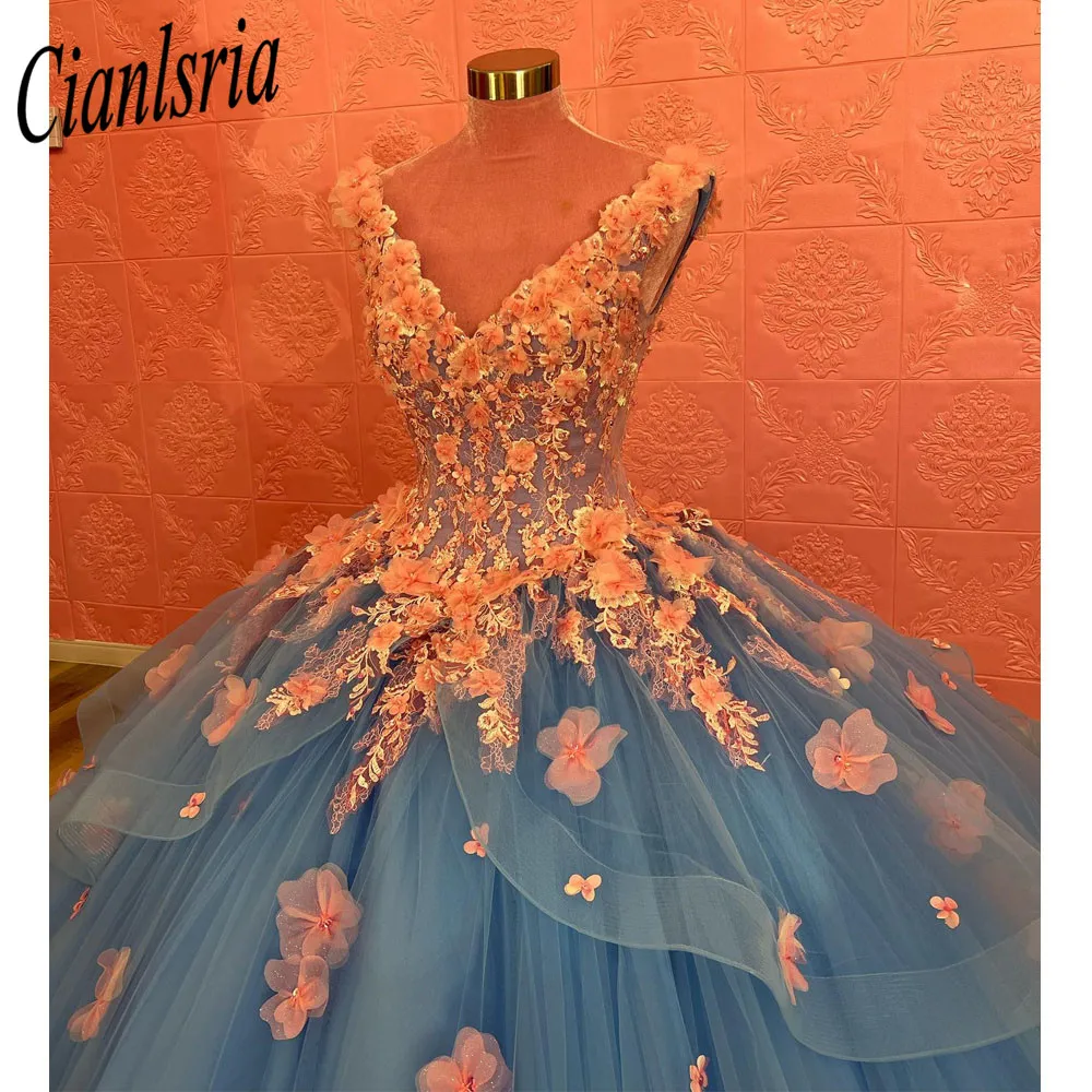 2023 Небесно-Голубые Пышные Платья Принцессы Розовые Кружевные Аппликации На Корсете Бальное Платье Sweet 16 17 Birthday Vestidos De 15
