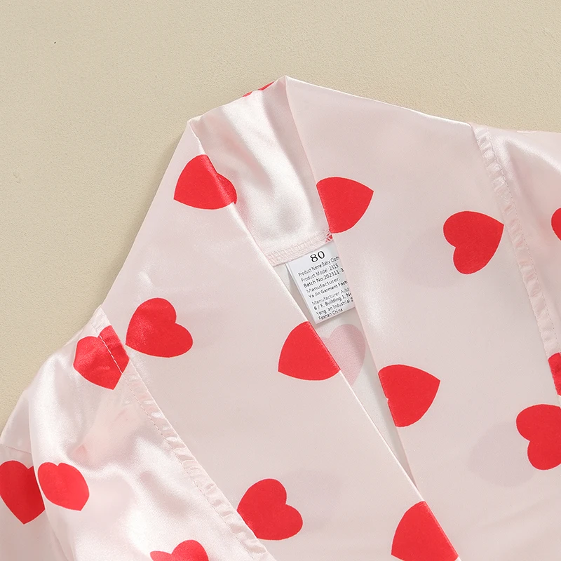 Шелковый атласный халат для малышей, Кимоно с принтом Сердца на День Святого Валентина, халат с поясом, Халат для девочек, пижамы