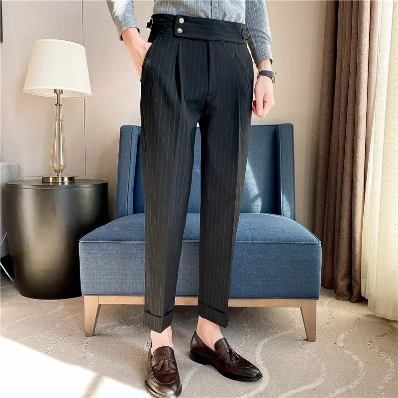 Мужской костюм в полоску, брюки, новые однотонные повседневные стрейчевые узкие брюки, прямые брюки, модная мужская одежда из бутика