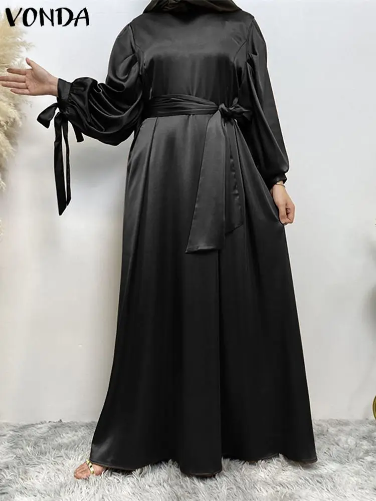 Женское атласное платье 2023 VONDA Осеннее однотонное длинное платье Макси с длинным рукавом, сарафан в богемном стиле с круглым вырезом, свободные вечерние платья