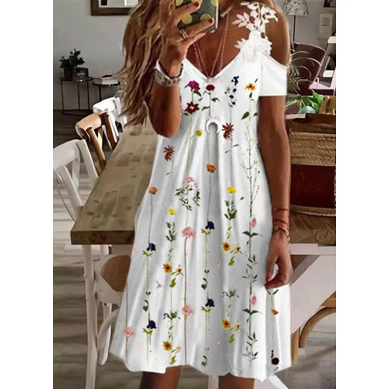 Летняя Женская юбка с принтом 2024, кружевное платье с открытыми плечами, кружевное платье с коротким рукавом