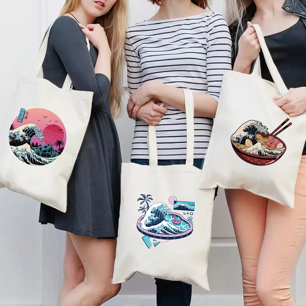 Сумка для покупок для ежедневного использования, женская сумка-тоут, Многоразовая складная Холщовая сумка с волновой печатью, модная Новая сумка через плечо, повседневная сумка