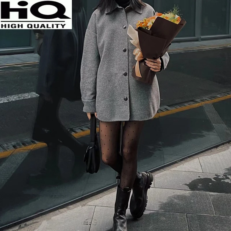 Женская модная серая Свободная шерстяная куртка с бутоновым карманом