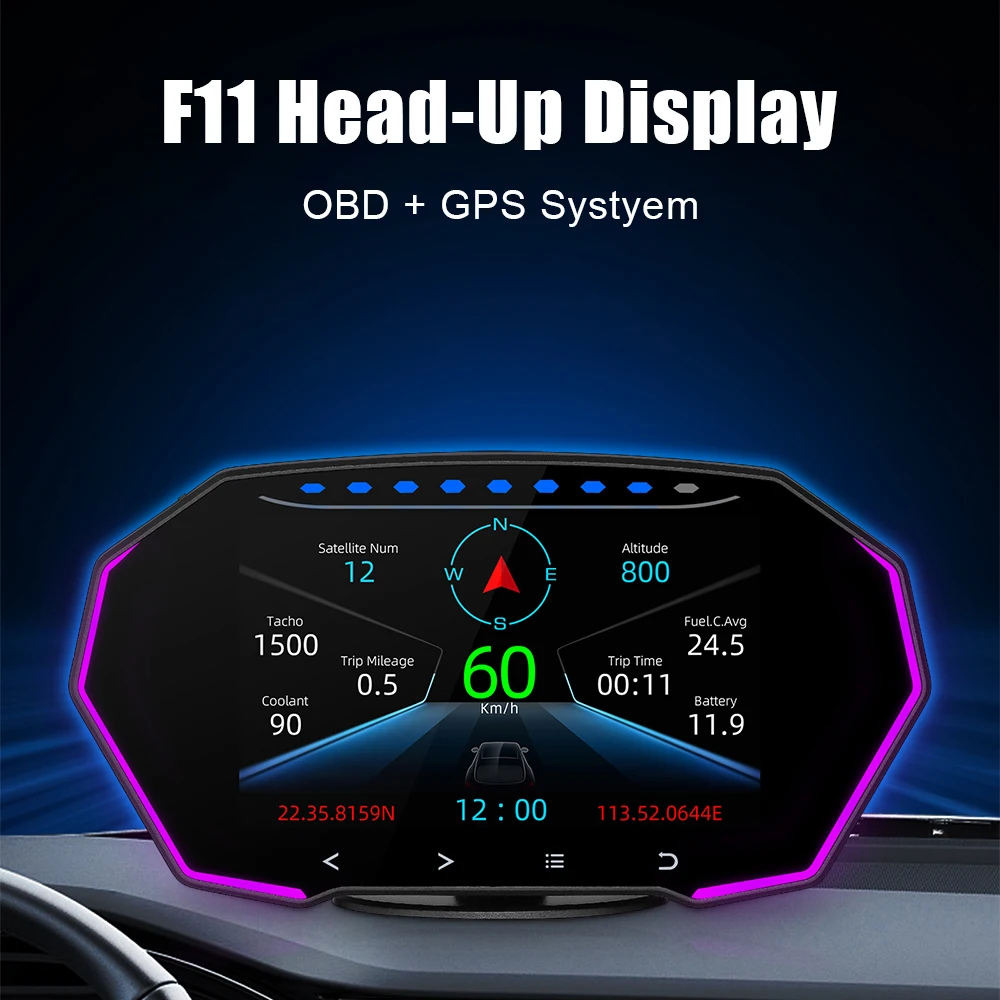 Диагностический 7-цветной автомобильный головной дисплей Охранная сигнализация Спидометр F11 HUD 4-дюймовая двойная система OBD2 GPS