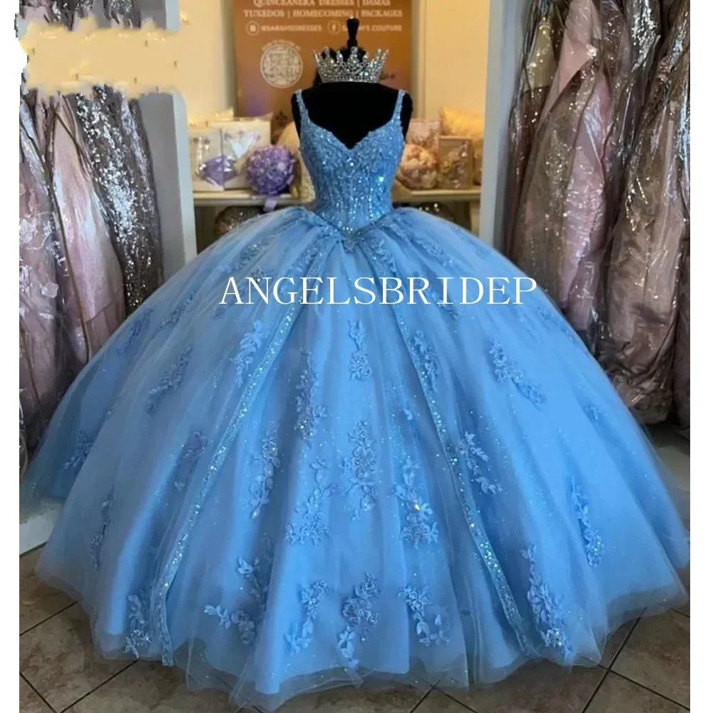 Пышные платья Sweet 16 Princess, расшитые бисером, 2023, Синие Бальные платья на бретельках, Праздничное Платье 15 Ноября