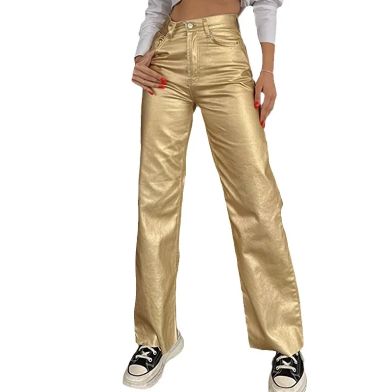 Женские блестящие металлизированные голографические прямые широкие длинные брюки 2024, весенние золотисто-серебряные брюки, клубная одежда с карманами