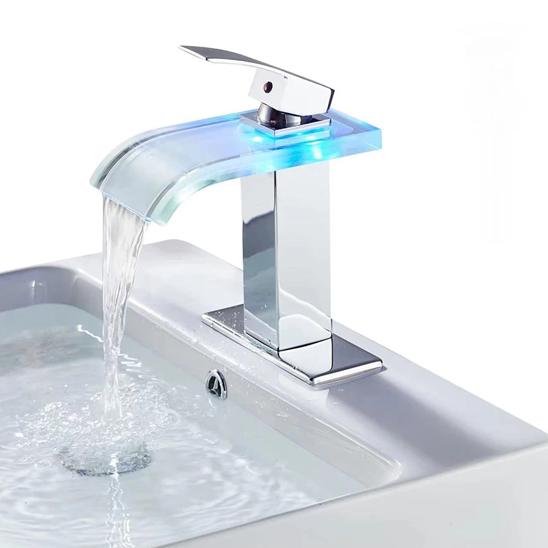 Неэлектрический смеситель для раковины со светодиодной подсветкой, латунный смеситель для ванной с водопадом, установленный на бортике умывальника, Стеклянные краны Smart Hydrogen