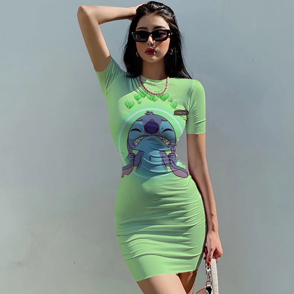 Женское платье с принтом Disney's Lilo & Stitch, летние платья с мультяшным принтом 2022, KPOP, Зеленая сексуальная юбка, Корейское обтягивающее платье
