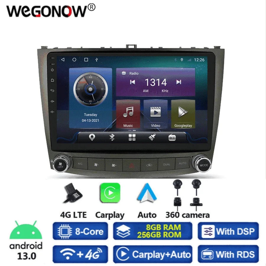 360 Панорамная Камера 8G + 256G Android 13 Автомобильный DVD-плеер GPS WIFI Bluetooth RDS Радио Для Lexus IS250 IS300 IS200 IS350 2006-2012