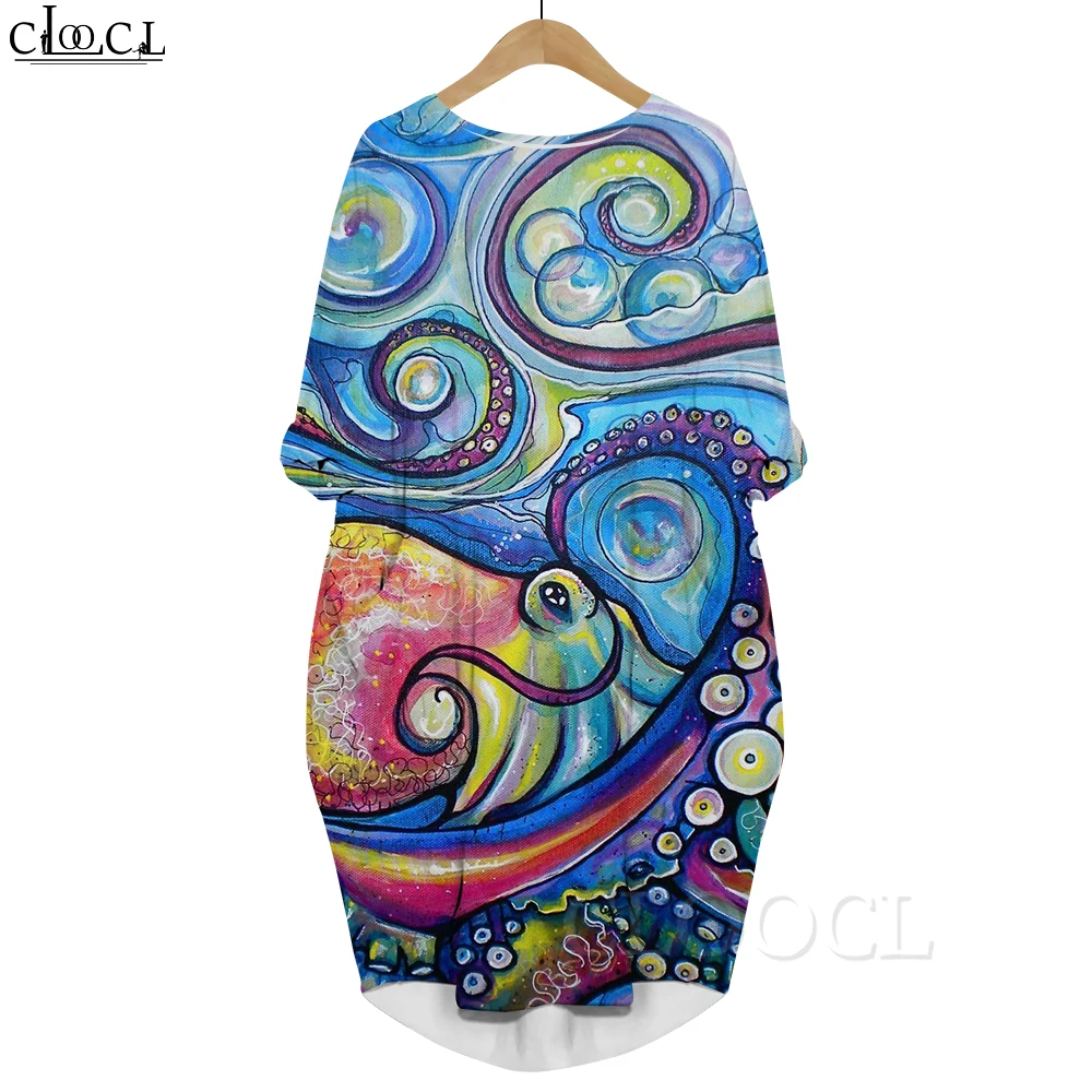 CLOOCL Новое платье с длинным рукавом с рисунком Большого осьминога, свободное платье с 3D-принтом и карманом, женская повседневная одежда, осень 2022