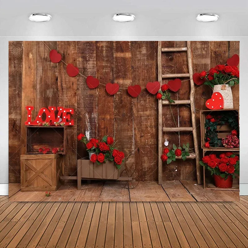 Фотография на фоне Дня Святого Валентина Коричневый деревенский деревянный фон Красные розы сердечные украшения Винтажная фотография на обратной стороне баннер