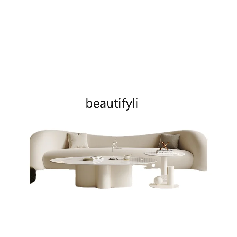 Современный минималистичный Журнальный столик с Каменной плитой В гостиной Небольшой квартиры в стиле Silent Cream Овальная Комбинированная мебель для Чайного столика