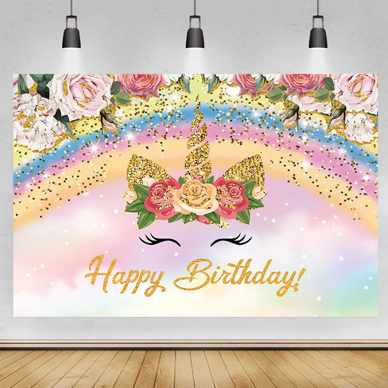 Радужный фон с единорогом, Розовая девушка в цветочек, с Днем рождения, Блестящий золотой фон для фотосъемки, реквизит для фотостудии, баннер