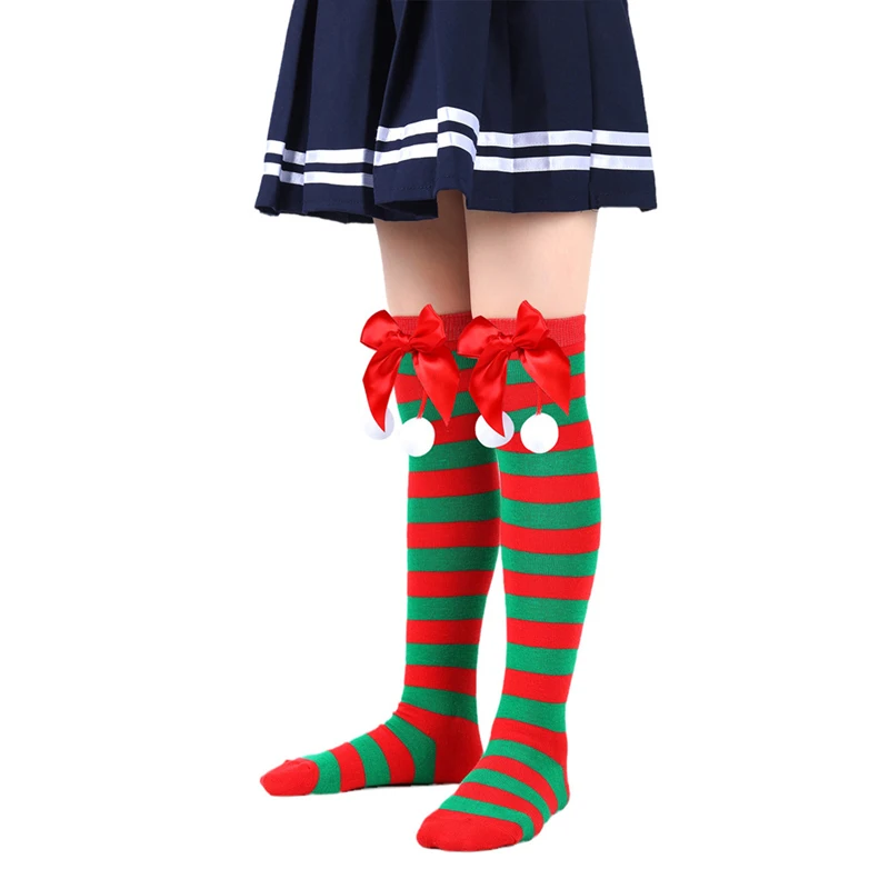 Рождественские носки для девочек Princess Children, детские полосатые носки выше колена с принтом, длинные носки до бедра с бантом