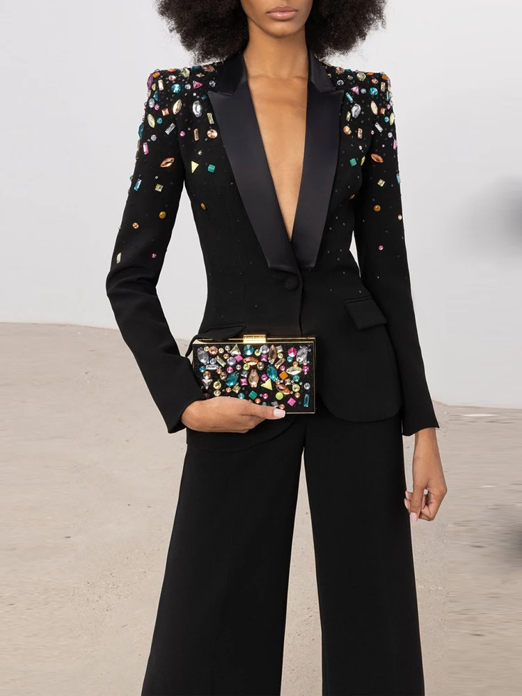 Хай-СТРИТ, новейший дизайнерский модный костюм для подиума 2023 года, женский облегающий блейзер с бриллиантами, расшитый бисером, Комплект брюк