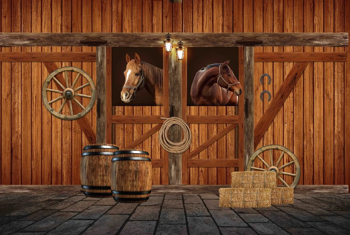 Лошади Конюшня на ферме Ковбойская лошадь Бочонок со стогом сена фон для фотосессии фон для вечеринки в фотостудии