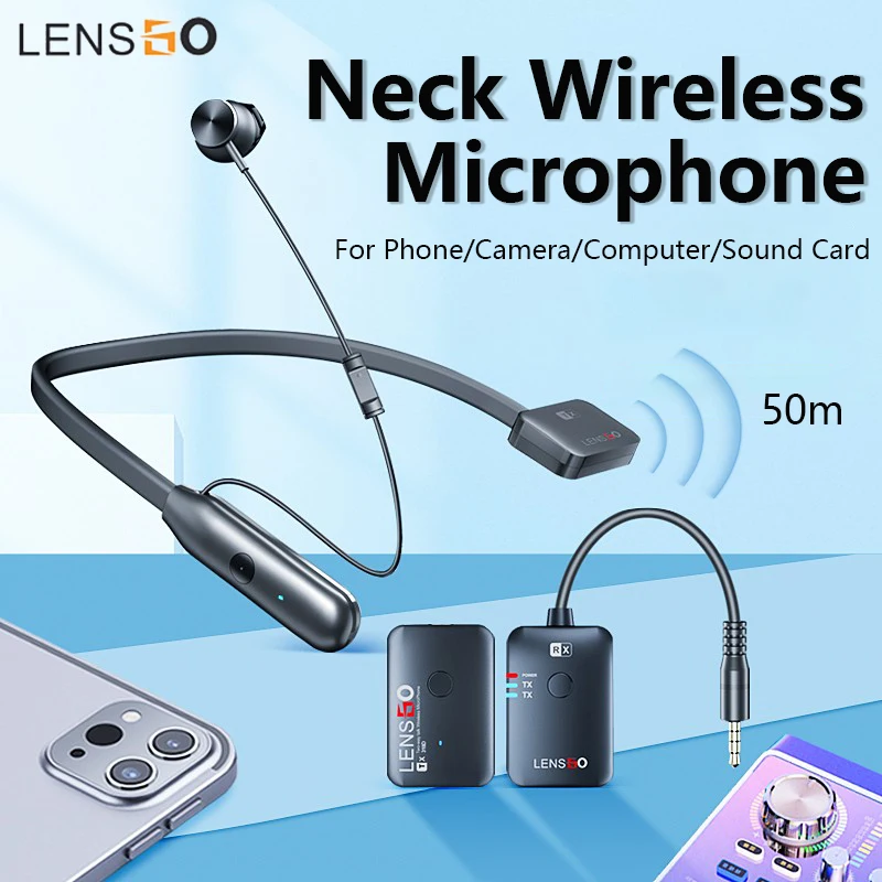 Беспроводной микрофон LENSGO 318D на лацкане, мини-петличный микрофон на шее с шумоподавлением и передачей 50 м для камеры телефона