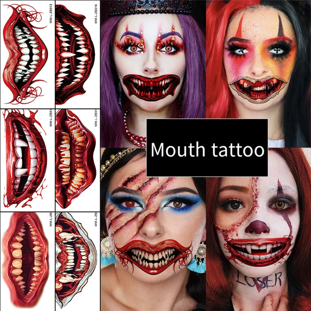 Наклейки с татуировками рта, наклейки с татуировками ужасов, наклейки с татуировками на Хэллоуин, реалистичные украшения для вечеринки в стиле Хэллоуина, сделанные своими руками
