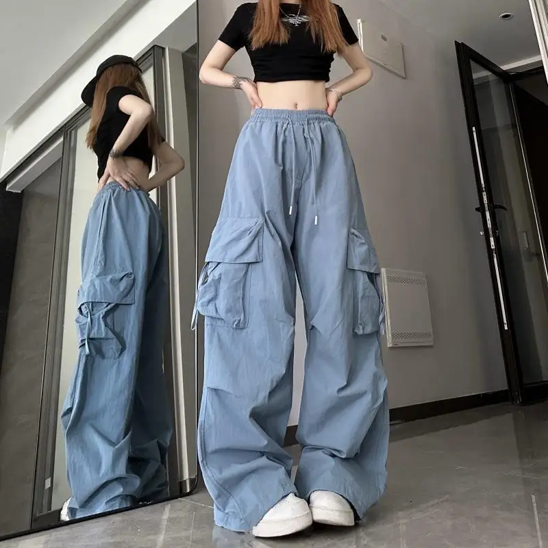 Женские прямые брюки-карго с высокой талией и широкими штанинами, свободные повседневные мешковатые брюки Y2k длиной до пола, спортивные штаны для бега трусцой