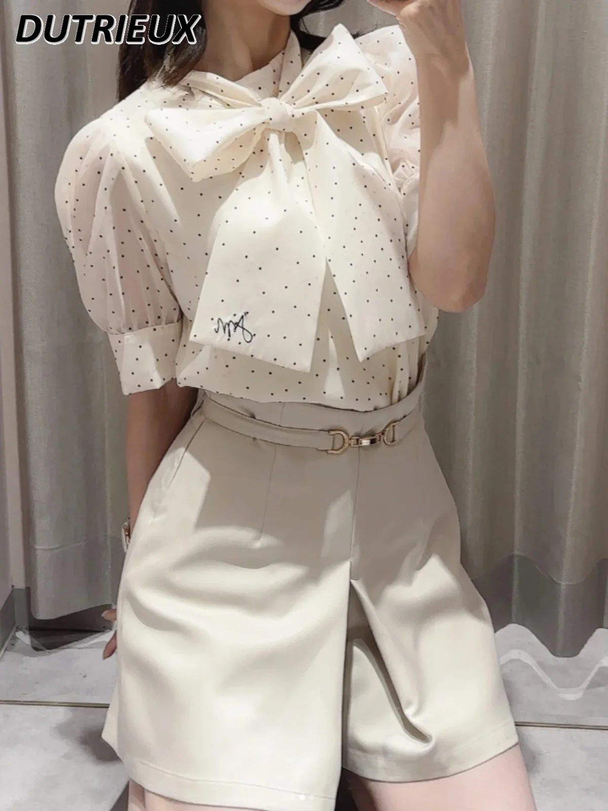 Лето 2023, Новая повседневная элегантная блузка в японском стиле, рубашка с высоким воротом и бантом, женский топ с вышивкой на шнуровке и коротким рукавом для женщин