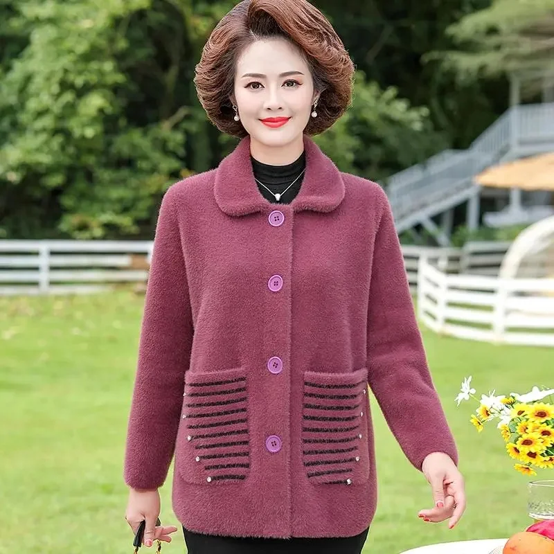 2023 Бархатное шерстяное пальто из искусственной норки для женщин среднего возраста, свитер, куртка-кардиган, короткое пальто, женские топы, осенне-зимнее пуховое пальто