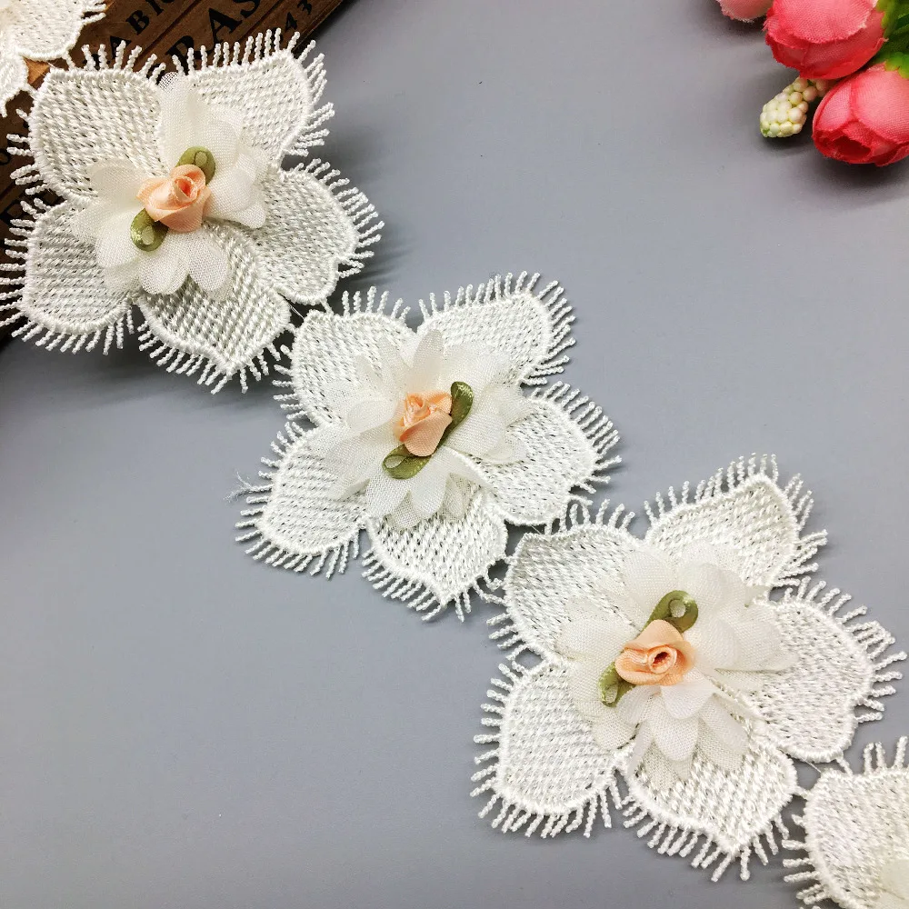 2 Ярда Растворимого полиэстера, Кружевная отделка с жемчужной цветочной вышивкой, Тканевая лента ручной работы для декора костюма