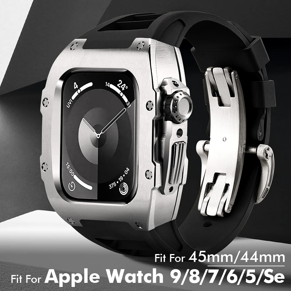 Титановый Модифицирующий Комплект Для Apple Watch Case 9 8 7 6 5 SE для iWatch Серии 44 мм 45 мм Ремешок из Фторкаучука Высококачественный Чехол